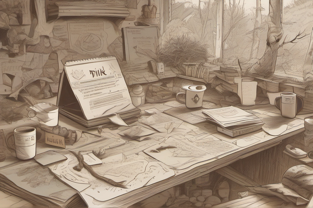 Illustrated founder workstation covered with notes, diagrams, cups, and papers.