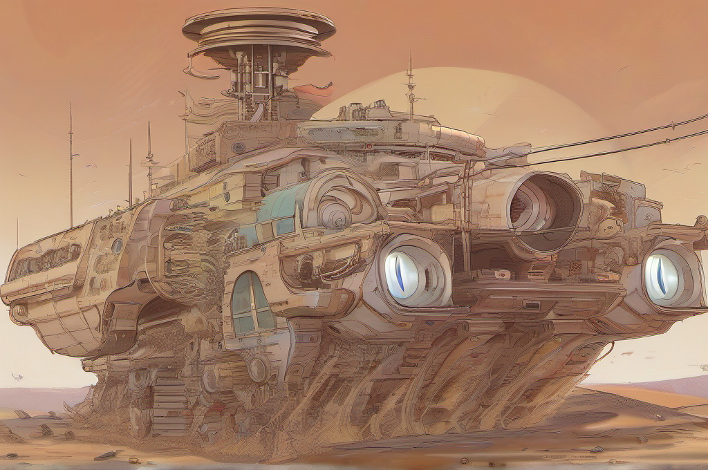 Warm-toned concept art of a vast imaginative spacecraft in a desert.