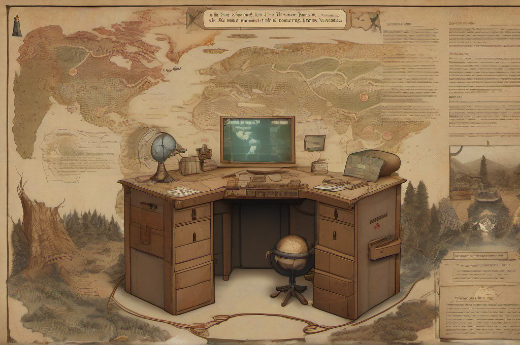 Illustrated corner desk surrounded by maps, systems notes, and studio tools.